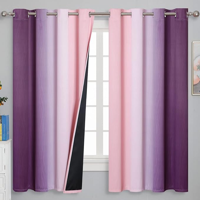 Pink and Purple Curtains 63 Inch Length 2 panels, Full Light Blocking Ombre by ESTELARTEXTILER