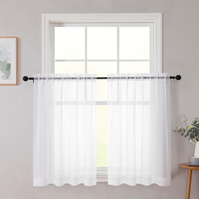 Cafe Curtains 36 Inch Length Tier 2 Pieces, Modern Soft Airy Sheer Kitchen by WelvetBLK