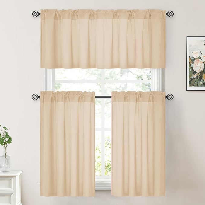 HOMEIDEAS Non-See-Through Beige Privacy Sheer Kitchen Curtains, 30 X 24 Inches - Image 2