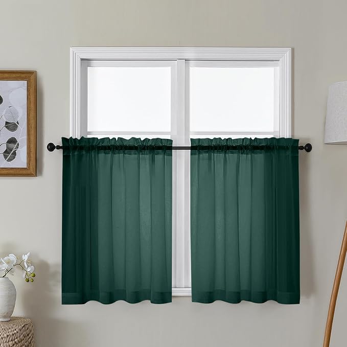 Gwine Hunter Green Sheer Curtains 30 Inch Length, Short Light Filtering Voile by Gwine