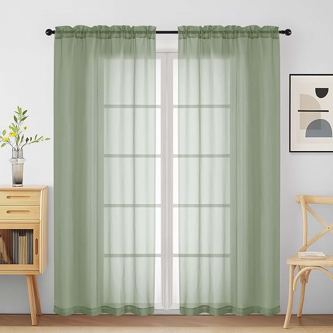 Sage Green Sheer Curtains for Window 72 inches Long 2 Panels Set, Soft Airy by Home