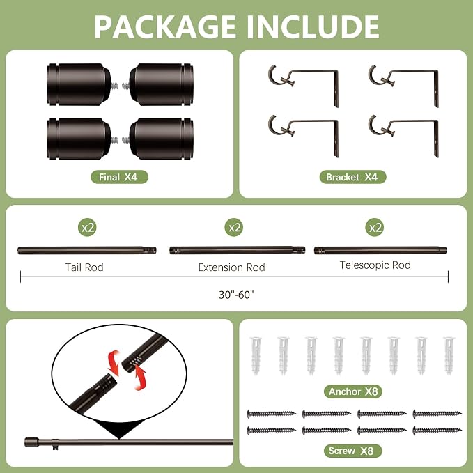5/8” Diameter Curtain Rods 30-60 Inch, - Image 3