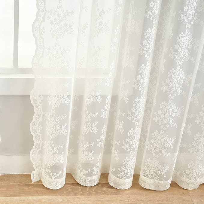 YJ YANJUN Vintage Lace Curtains Ivory Floral 105 inch Curtains 2 Panels - Image 4