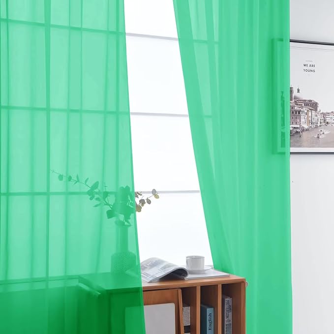 SpaceDresser Basic Rod Pocket Sheer Voile Window Curtain Panels Grass Green 1 - Image 3