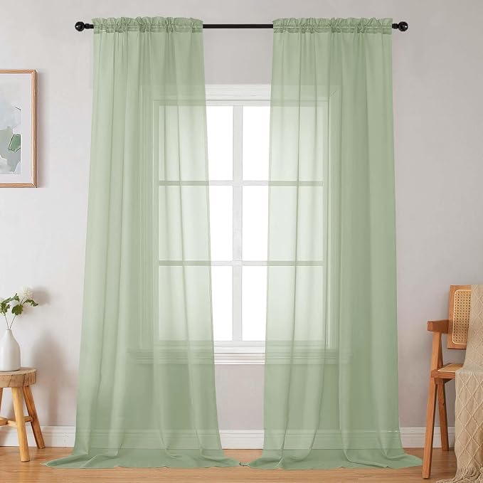 Light Green Sheer Curtains for Bedroom Living Room 96 Inches Long 2 Panels by WelvetBLK