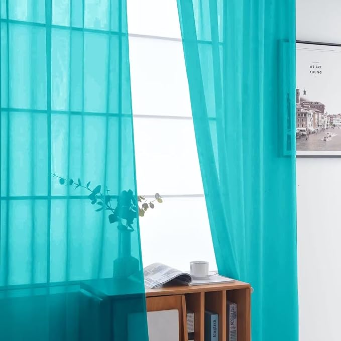 SpaceDresser Basic Rod Pocket Sheer Voile Window Curtain Panels Peacock Blue 1 - Image 3