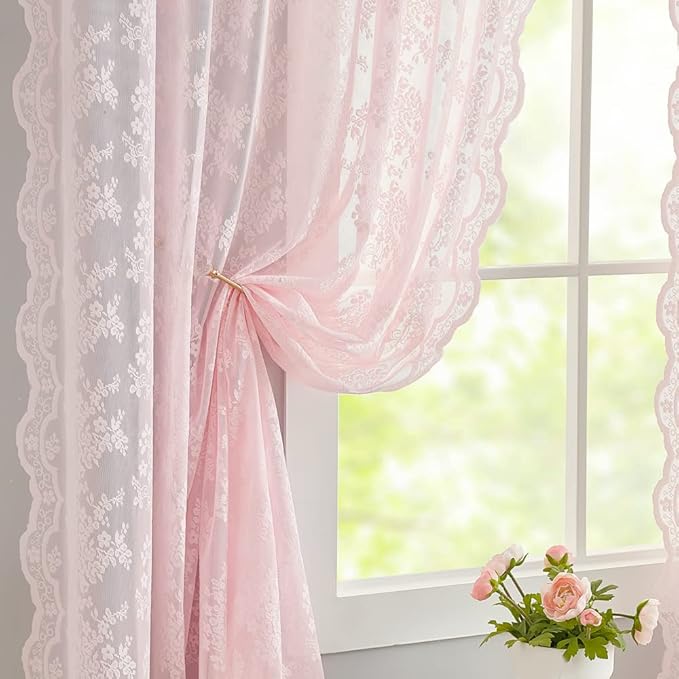 YJ YANJUN Vintage Lace Curtains 63 Inches Length- Cute Sheer Pink Curtains by YJYANJUN