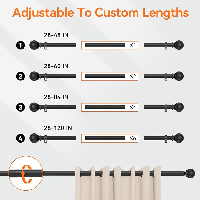 Black Curtain Rods for Windows 48 to 84 or 88 Inches Max - Image 4