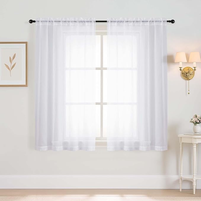 White Window Sheer Curtains 45 Inches Length, Voile Short Curtains by Home
