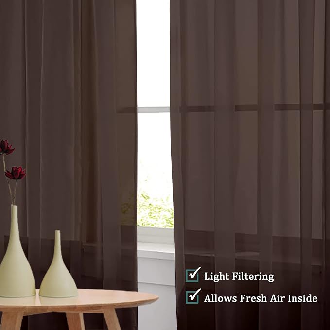 OVZME Chocolate Brown Sheer Curtains 45 Inches Long 2 Panels, Light Filtering - Image 5