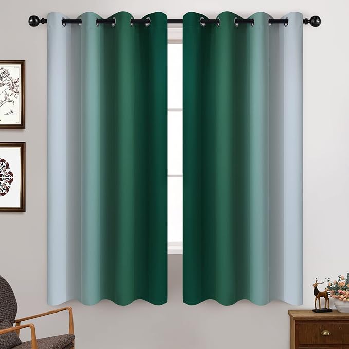 Yakamok Dark Green Ombre Curtains 63 Inches Long, Light Blocking Gradient Color - Image 2