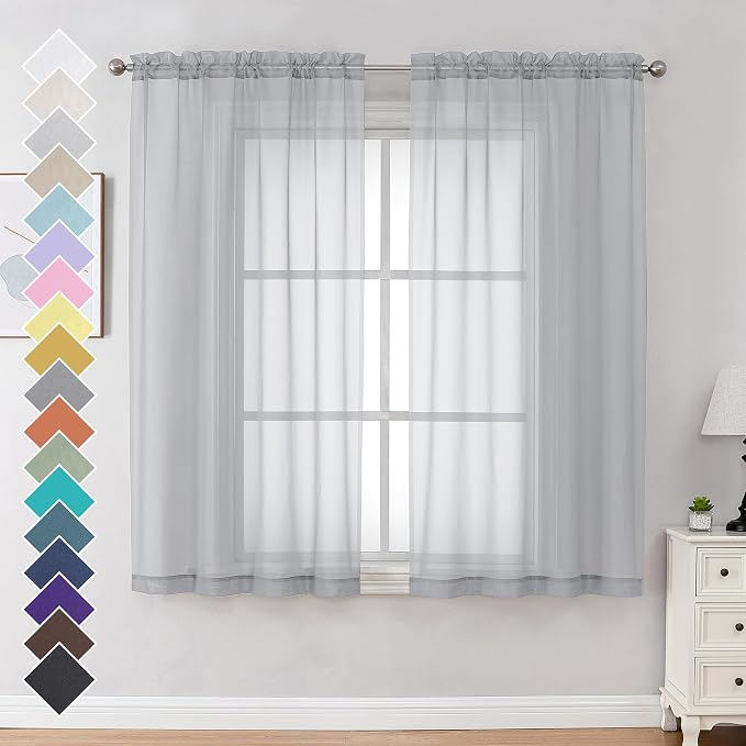 OVZME Light Grey Sheer Curtains 63 Inches Long 2 Panels by OVZME