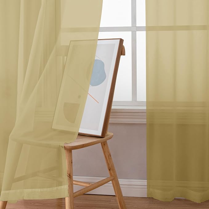 Simplebrand Gold Sheer Curtains 90 Inches Long 2 Panels, Light Filtering Rod - Image 3
