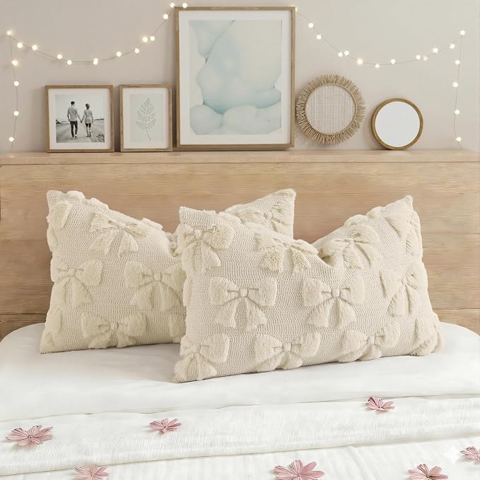 decorUhome Beige Bow Pillow Covers Set of 2 Coquette Aesthetic Cute Preppy - Image 5