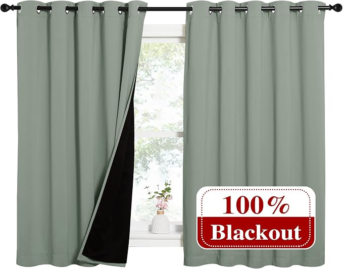 NICETOWN Greyish Green 100% Blackout Lined Curtains, 2 Thick Layers Completely - Image 2