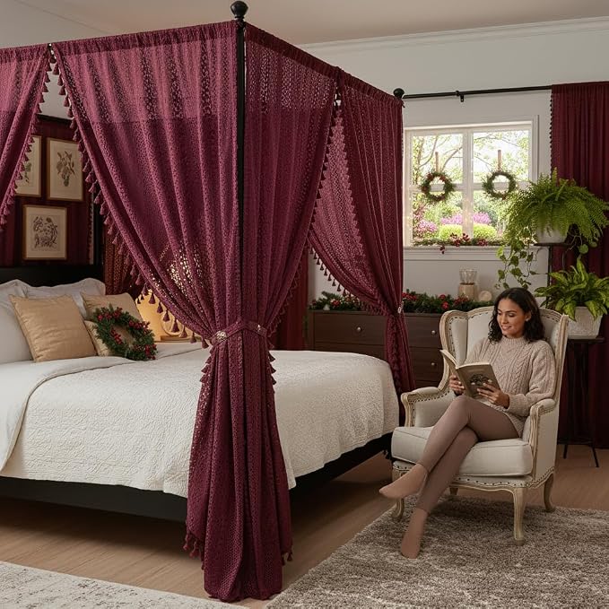 WAZZIO Boho Lace Curtains 84 Inches 2 Panel, Light Filtering Privacy Tassel & - Image 5