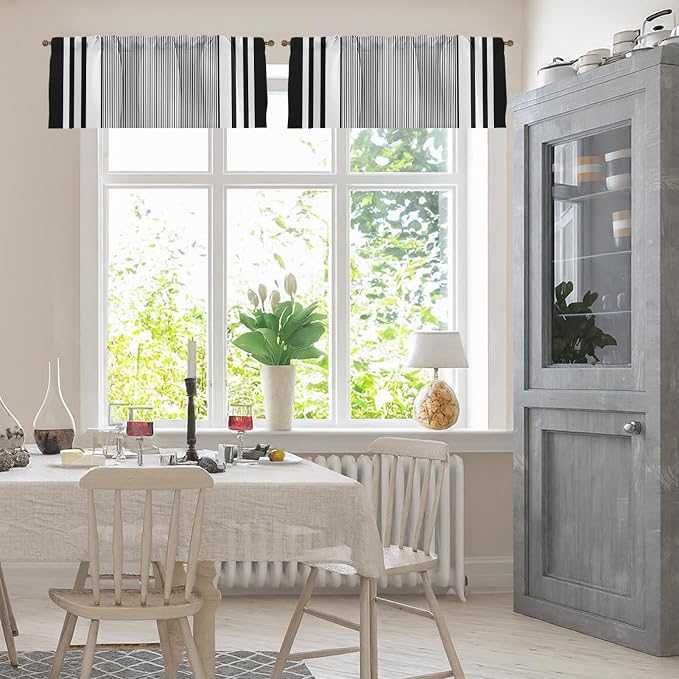 Emvency 2 Pack Valances Window Treatments, Striped Geometric Minimalist Black - Image 2