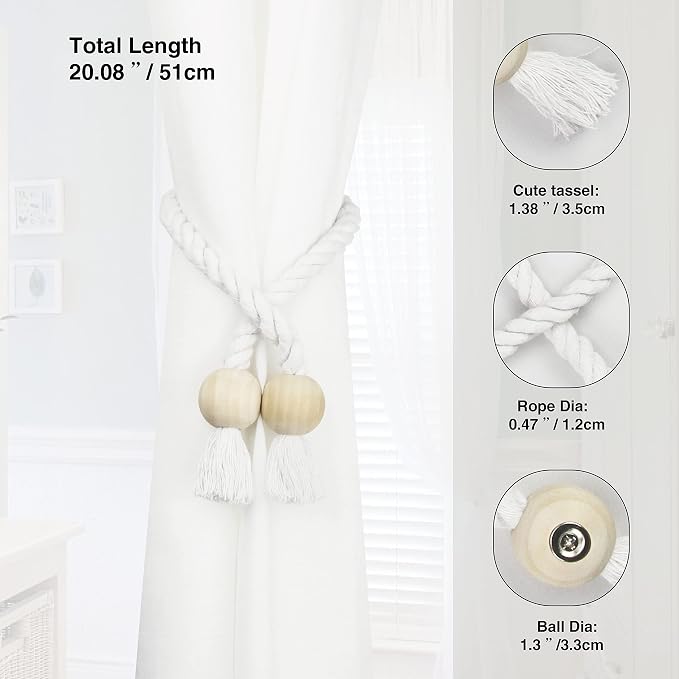 4 Pack Magnetic Curtain Tiebacks Cotton Hand Woven Tie Back Decorative Rope - Image 3