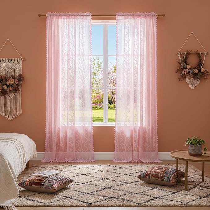 WAZZIO Boho Lace Curtains 84 Inch 2 Panels -Sheer Panel Drape Floral Pattern & - Image 3