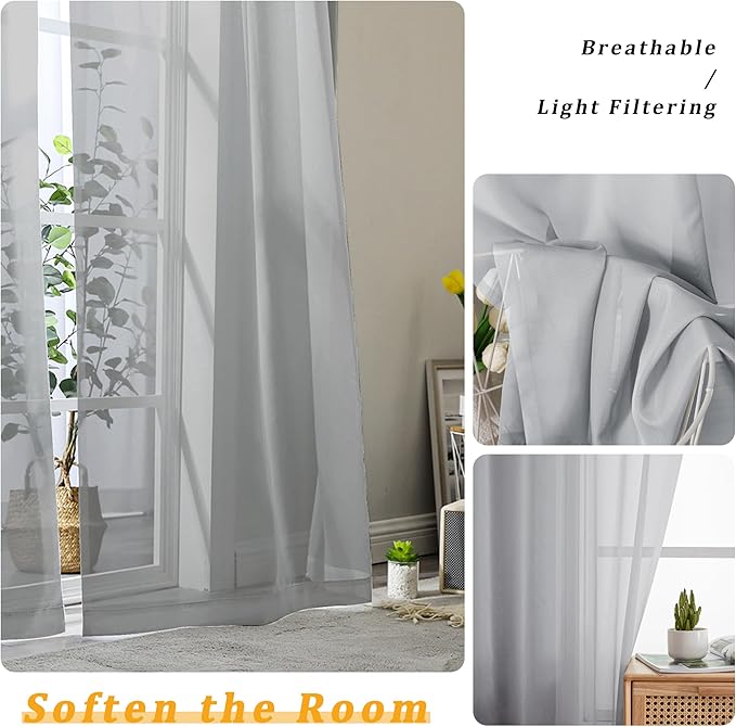 Gwine Light Grey Sheer Curtains 72 Inches Long 2 Panels Set - Image 3