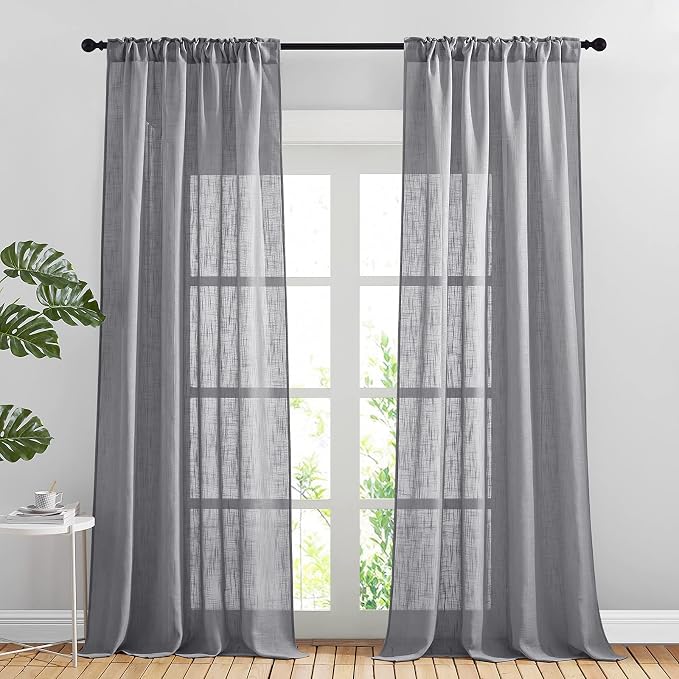 NICETOWN Linen Sheer Curtains for Living Room, Rod Pocket & Back Tab Semi Sheer - Image 2