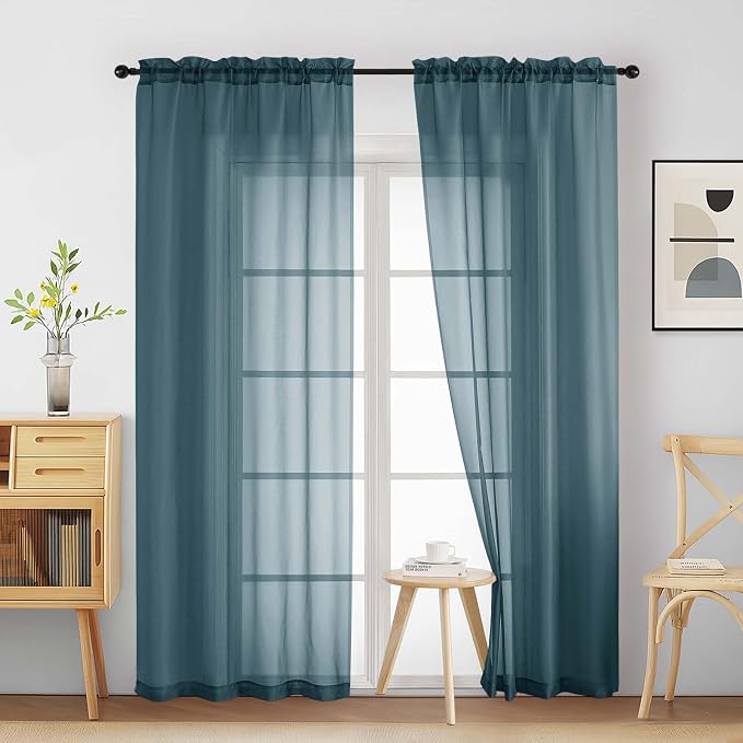 Dusty Blue Sheer Curtains 90 Inches Long 2 Panels, Light Filtering Solid Sheer by Home