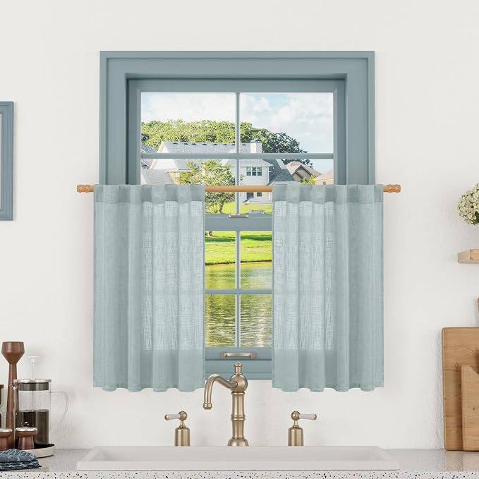 LAMIT Greyish Blue Linen Short Curtains 30 Inch Length, Semi Sheer Light by LAMIT