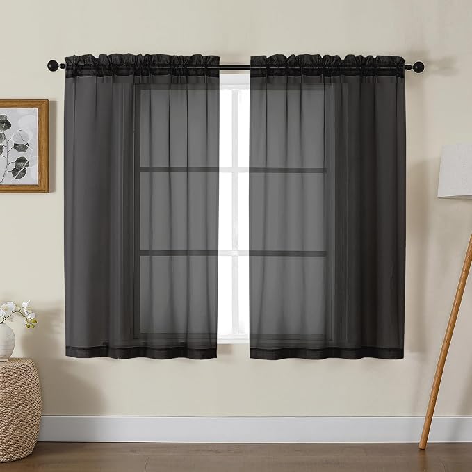 Gwine Black Sheer Kitchen Curtains 36 Inch Length, Light Filtering Voile Soft by Gwine