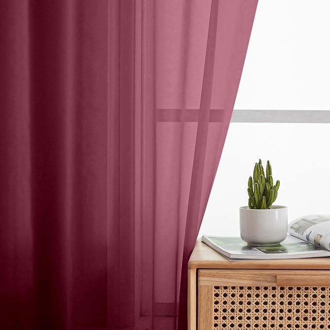 Kitchen Curtains 24 Inch Length Tier 2 Pieces, Burgundy Sheer Curtain Solid - Image 7