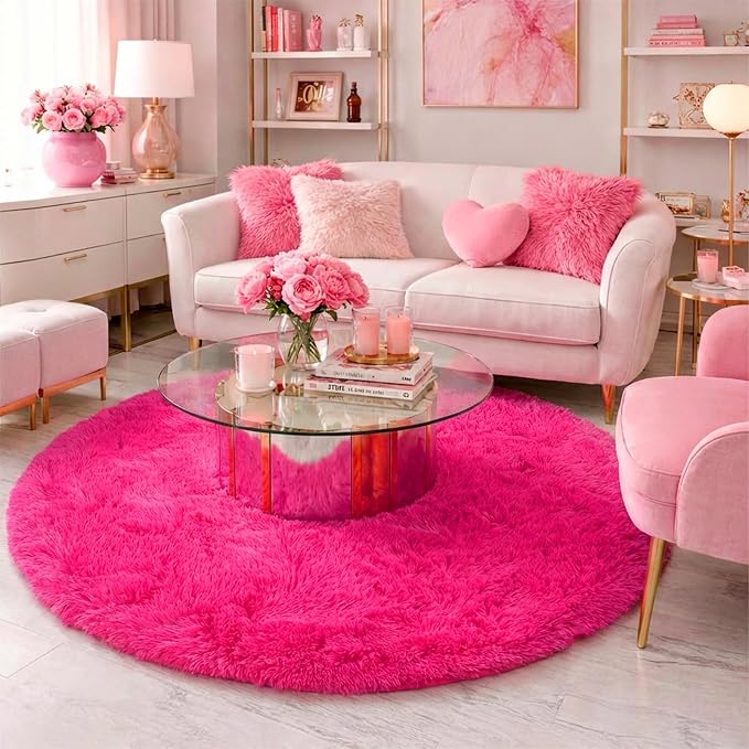 Hot Pink Round Rugs 5Ft for Girls Bedroom, Fluffy Circle Area Rug for Kids Room - Image 3