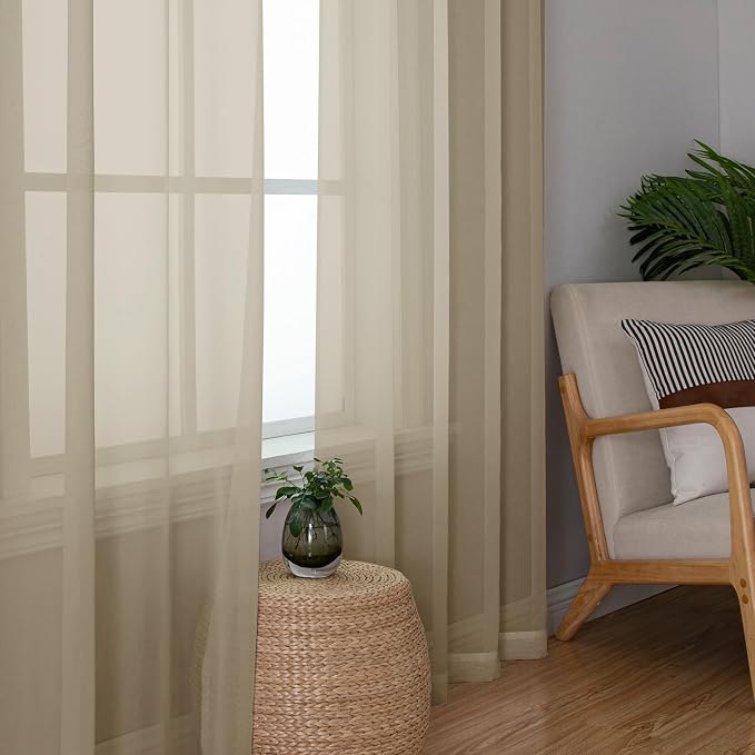 Lecloud Taupe Sheer Curtains 84 Inches Long 2 Panels, Light Filtering Solid - Image 3