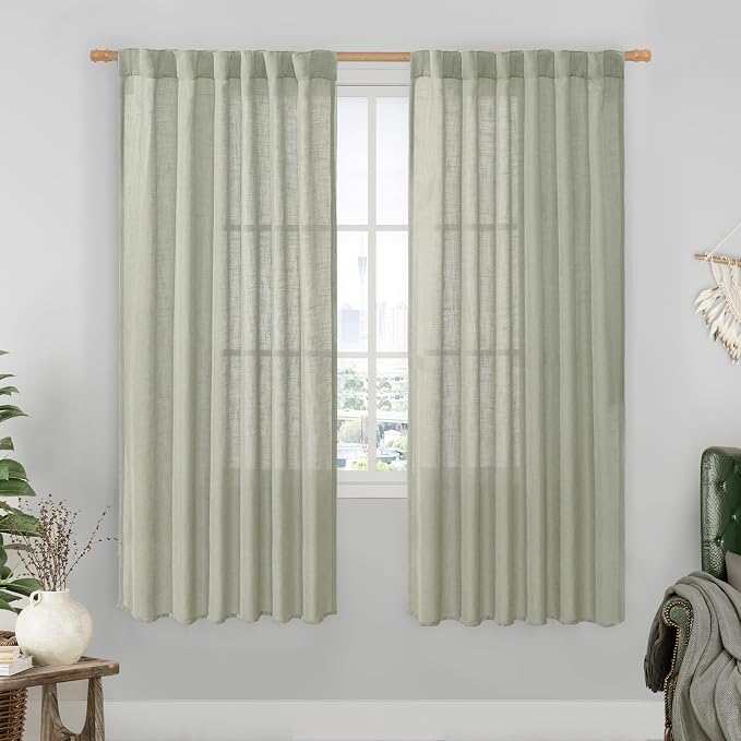 LAMIT Sage Grey Linen Boho Curtains 68 inch Length 2 Panels, Light Filtering by LAMIT