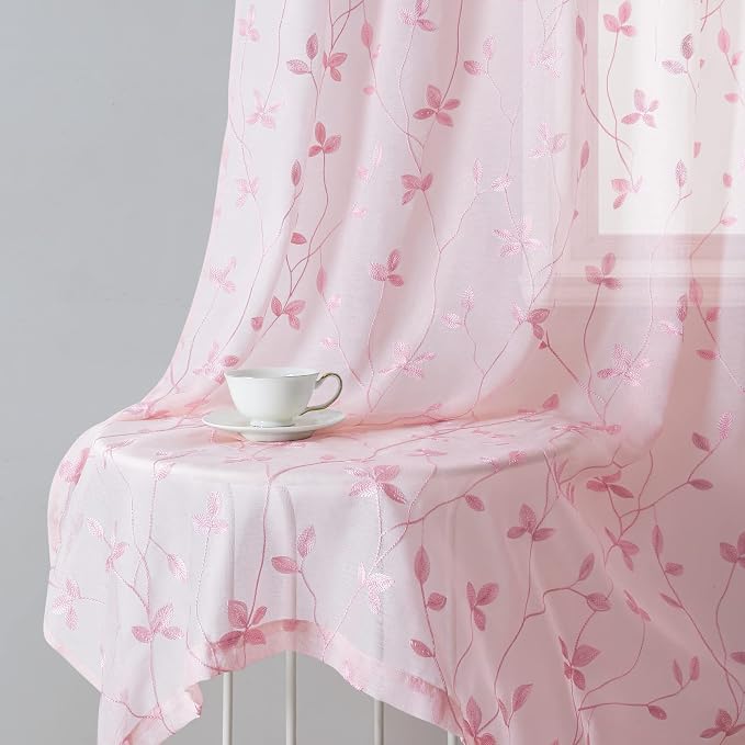 HOMEIDEAS Pink Sheer Curtains 52 X 96 Inches Length 2 Panels Embroidered Vine - Image 7