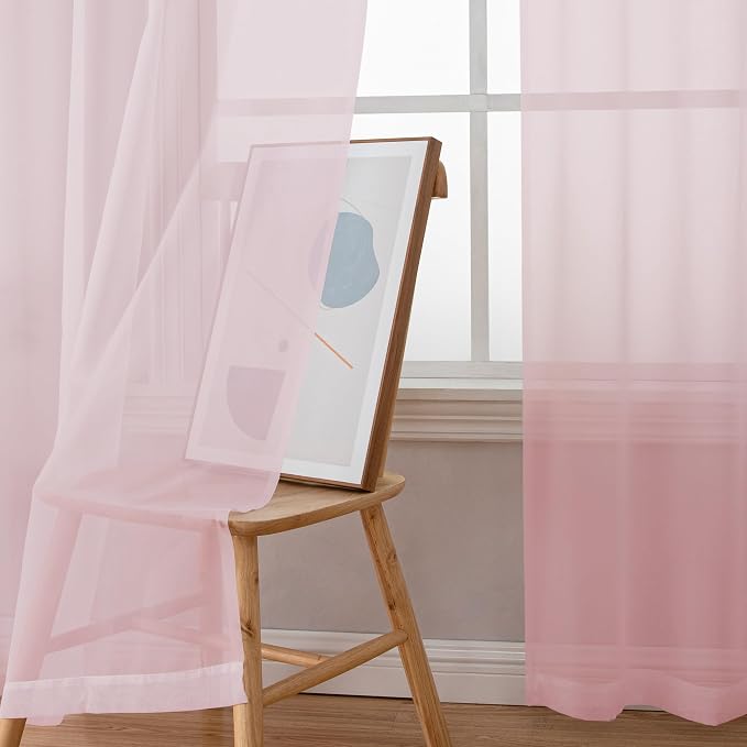 OWENIE Extra Long Sheer Curtains 96 Inches Long, Rod Pocket Airy Solid Blush - Image 3