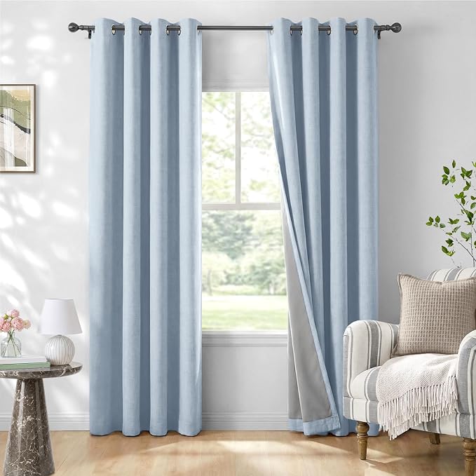 100% Blackout Linen Textured Curtains 96 Inch Long, Chambray Blue | 100% by 100BlackoutShield