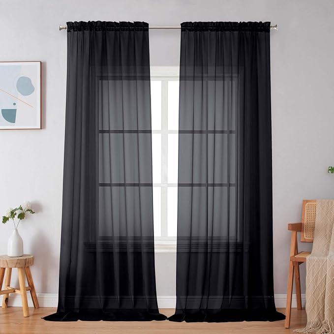 Simplebrand Black Sheer Curtains 108 Inches Long, Extra Long Rod Pocket Solid by Simplebrand