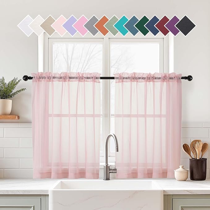 Blush Pink Small Sheer Curtains Tier 24 Inches Length 2 Pieces, Light Filtering by Home