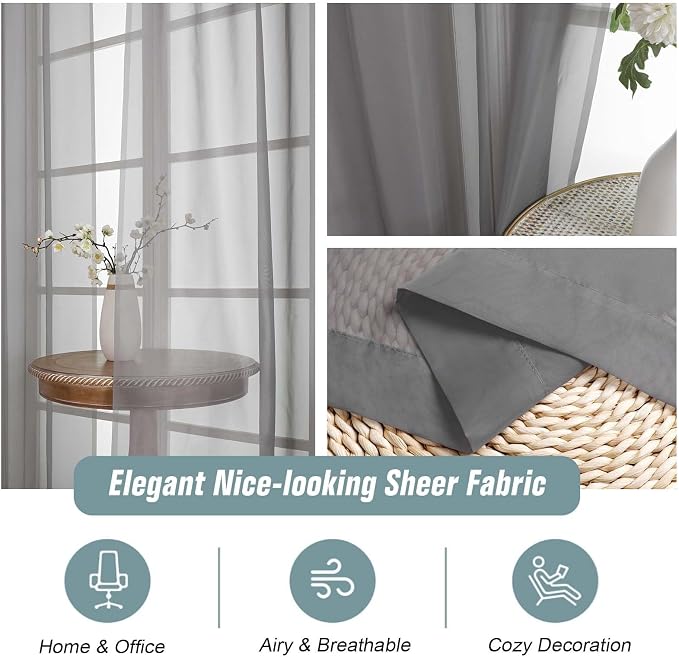 Grey Sheer Curtains 84 Inches Long 2 Panels, Elegant Airy Transparent Light - Image 4