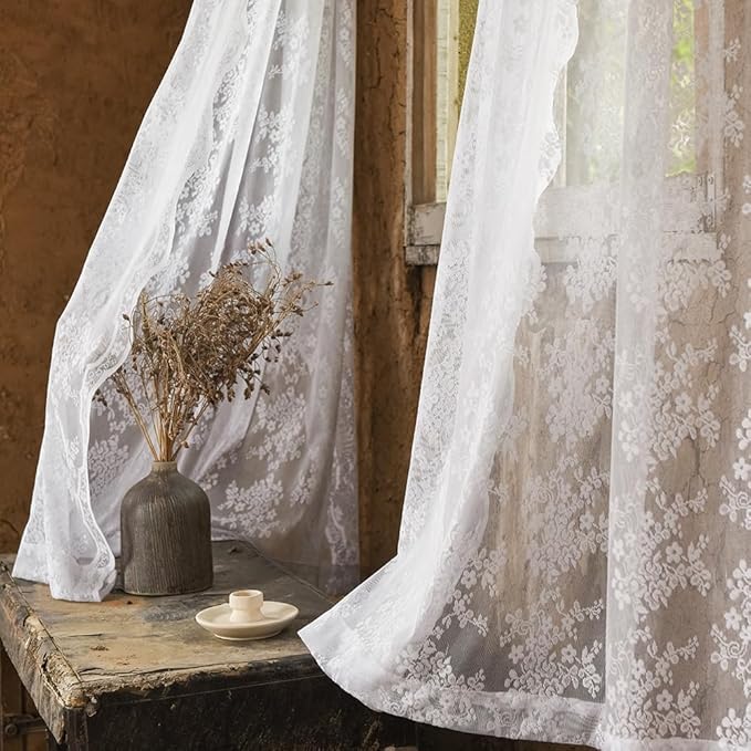 YJ YANJUN Vintage Lace Curtains Chic Floral White Short Sheer Bathroom Curtains - Image 5