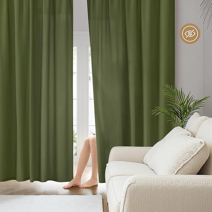 HOMEIDEAS Non-See-Through Olive Green Privacy Sheer Curtains, 52 X 54 Inches - Image 2