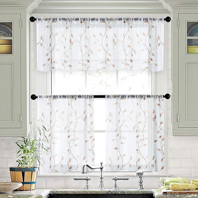 MRTREES Sheer Curtain Valances 2 Panels, Leaves Embroidered Voile Valance - Image 6