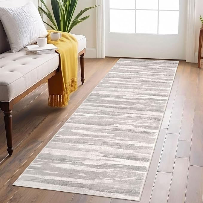 Lansny Modern Abstract Runner Rug 2x6, Neutral Light Beige and Grey Washable by lansny