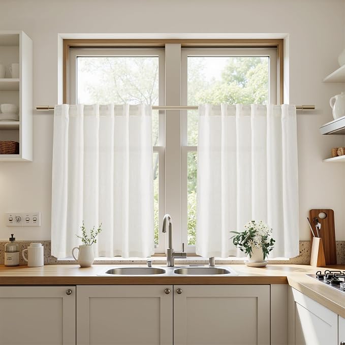 Beige White Linen Curtains for Kitchen Windows Over Sink Neutral 30 Inch Length - Image 7