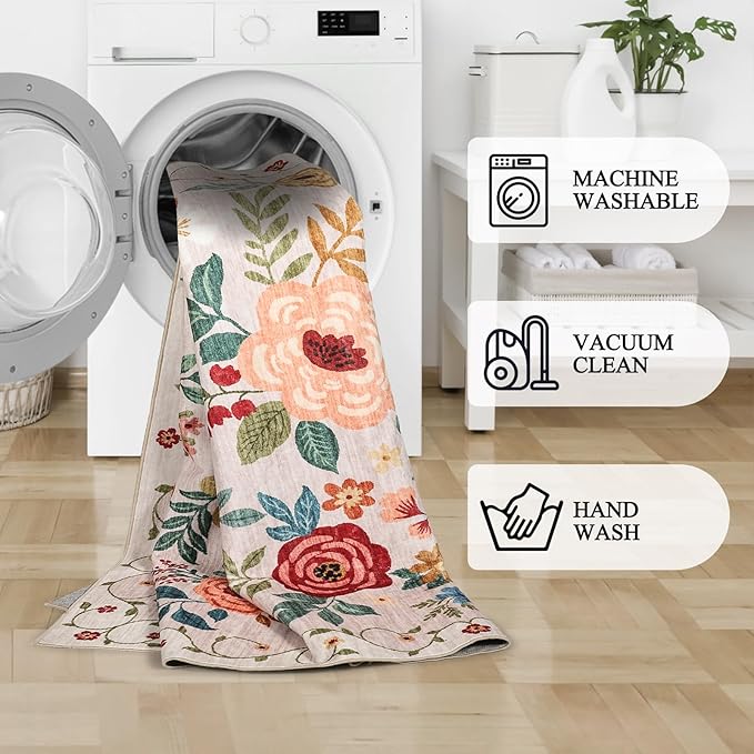 DUKINO 2x10 Runner Rug, Floral Washable Kitchen Runner Rug Non Slip, Low Pile - Image 8