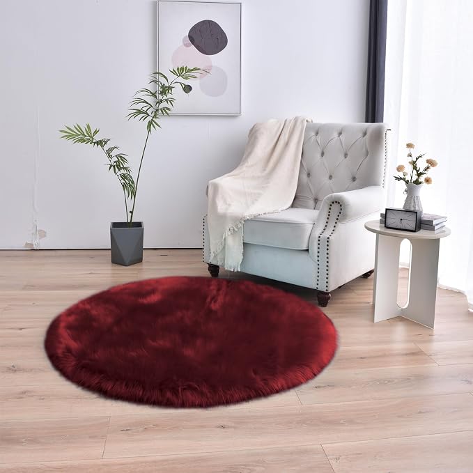 duduta Burgundy Faux Fur Round Rug 4x4 ft, Fluffy Shag Sheepskin Circle Rug - Image 6