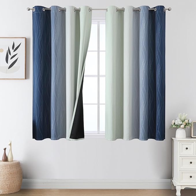 Estelar Textiler Sage Green and Navy Blue Ombre Blackout Curtains 45 Inch Length by ESTELARTEXTILER
