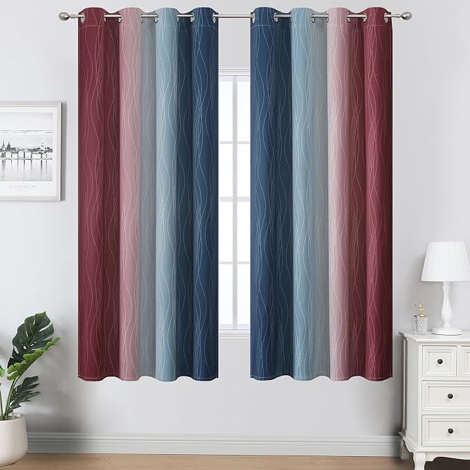Estelar Textiler Navy Blue and Burgundy Red Blackout Ombre Curtains - Image 2