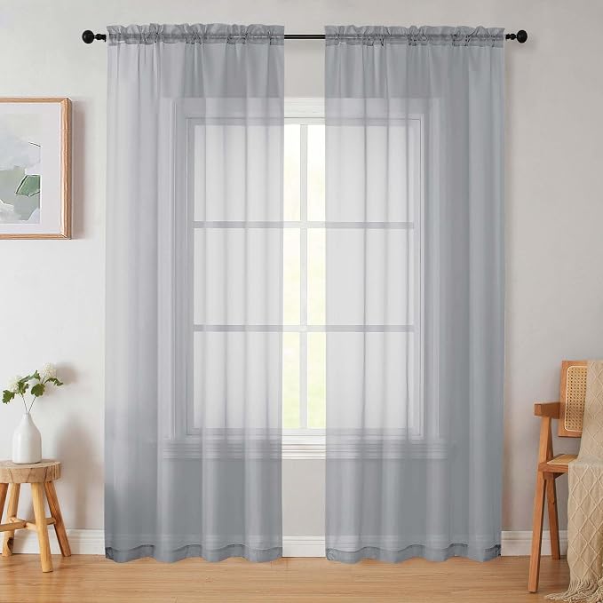 Light Grey Sheer Curtains 84 Inches Long 2 Panels, Soft Light Filtering Curtains by WelvetBLK