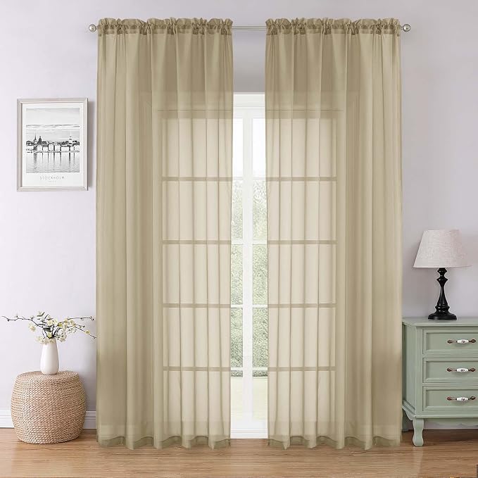 Lecloud Taupe Sheer Curtains 90 Inches Long 2 Panels Set, Living Room Curtains by Lecloud