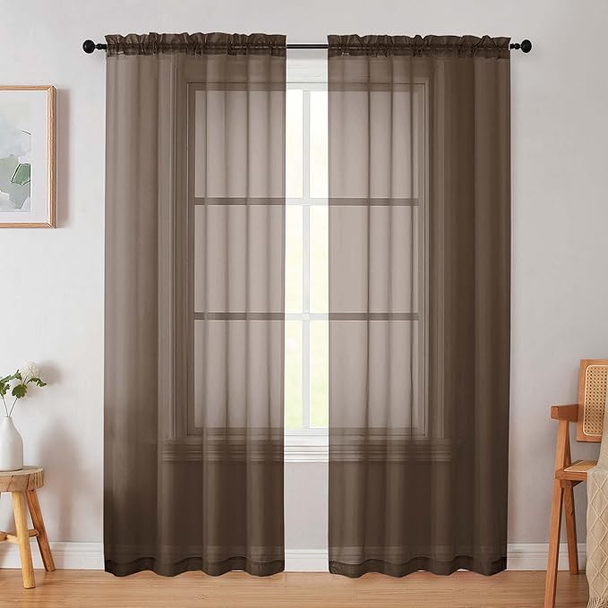Chocolate Sheer Curtain for Bedroom Living Room 78 Inches Long 2 Panels Set by WelvetBLK